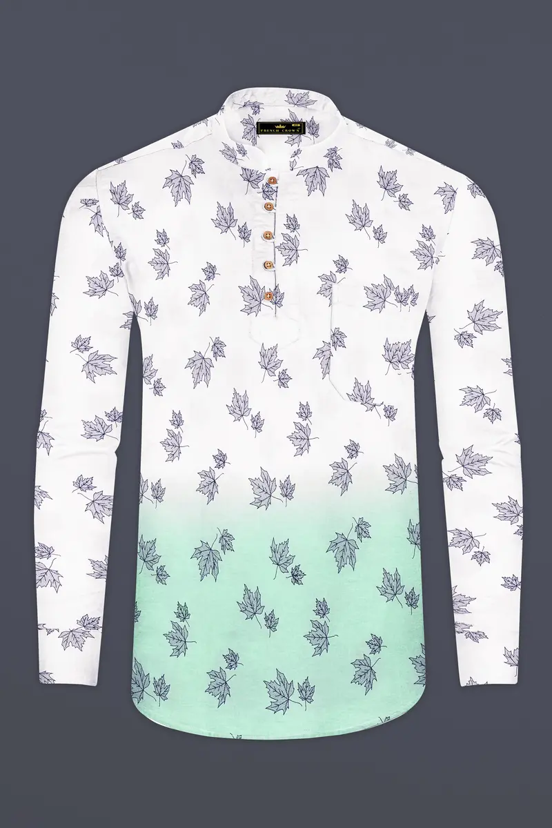 Bright White With Cruise Aqua Green Leaves Printed Premium Cotton Kurta Shirt 2
