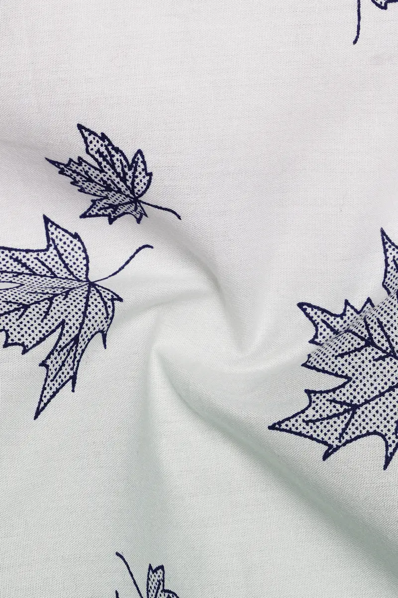 Bright White With Cruise Aqua Green Leaves Printed Premium Cotton Kurta Shirt 3