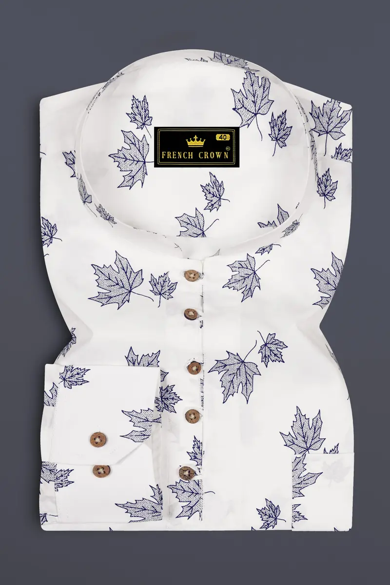 Bright White With Cruise Aqua Green Leaves Printed Premium Cotton Kurta Shirt 5