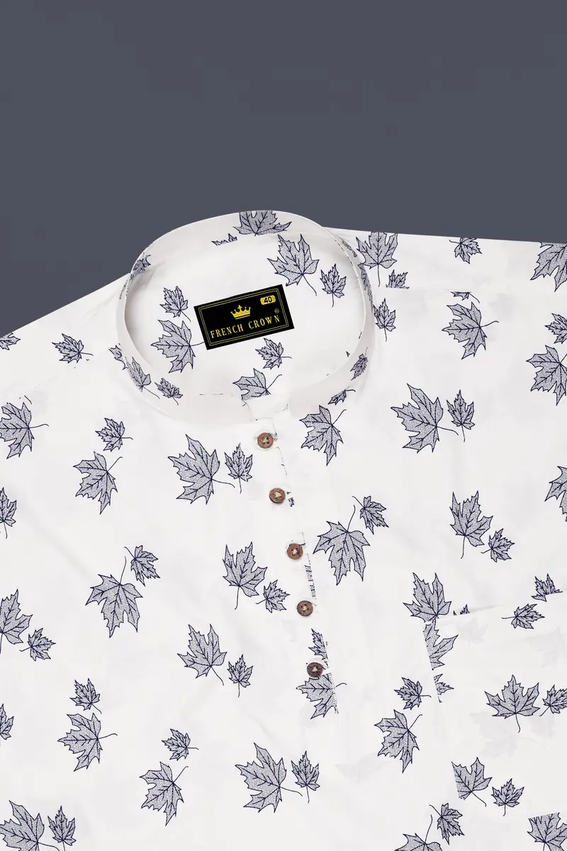 Bright White With Cruise Aqua Green Leaves Printed Premium Cotton Kurta Shirt 6