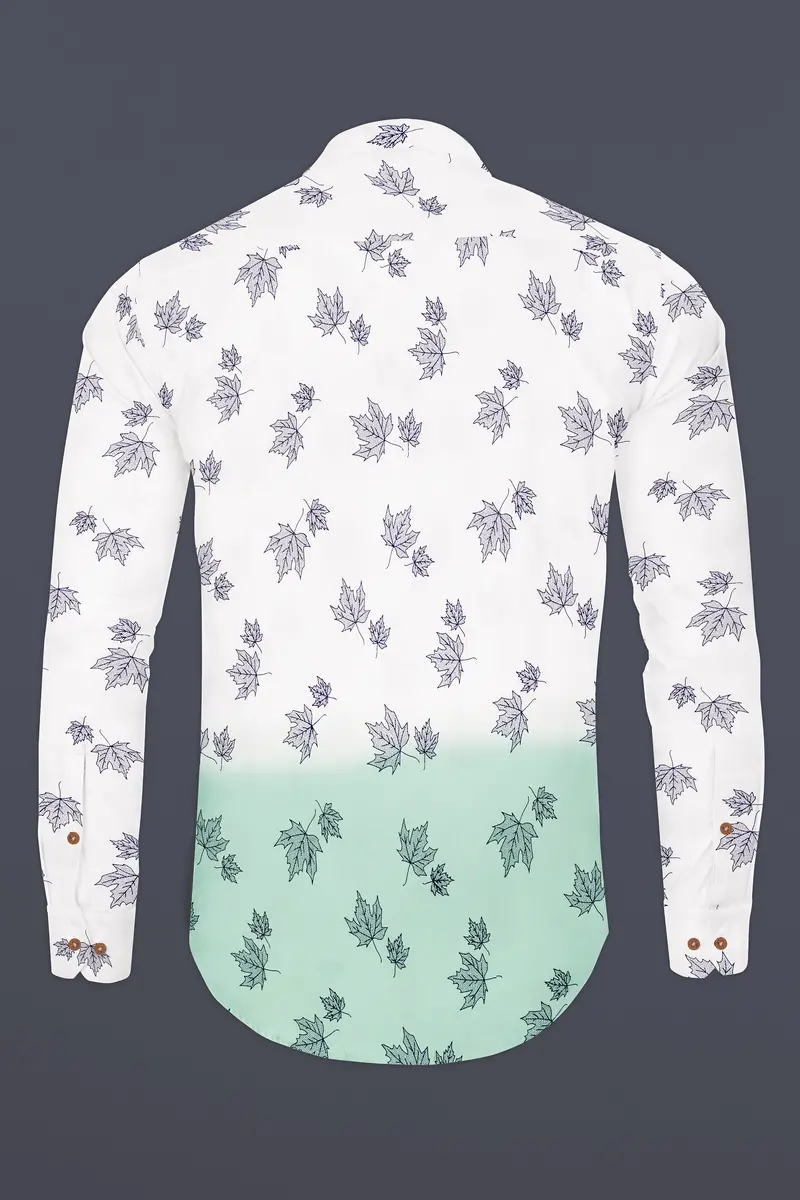 Bright White With Cruise Aqua Green Leaves Printed Premium Cotton Kurta Shirt 7