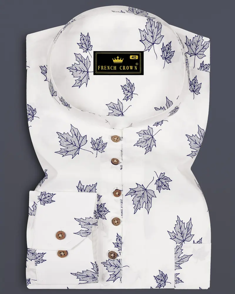 Bright White With Cruise Aqua Green Leaves Printed Premium Cotton Kurta Shirt 8