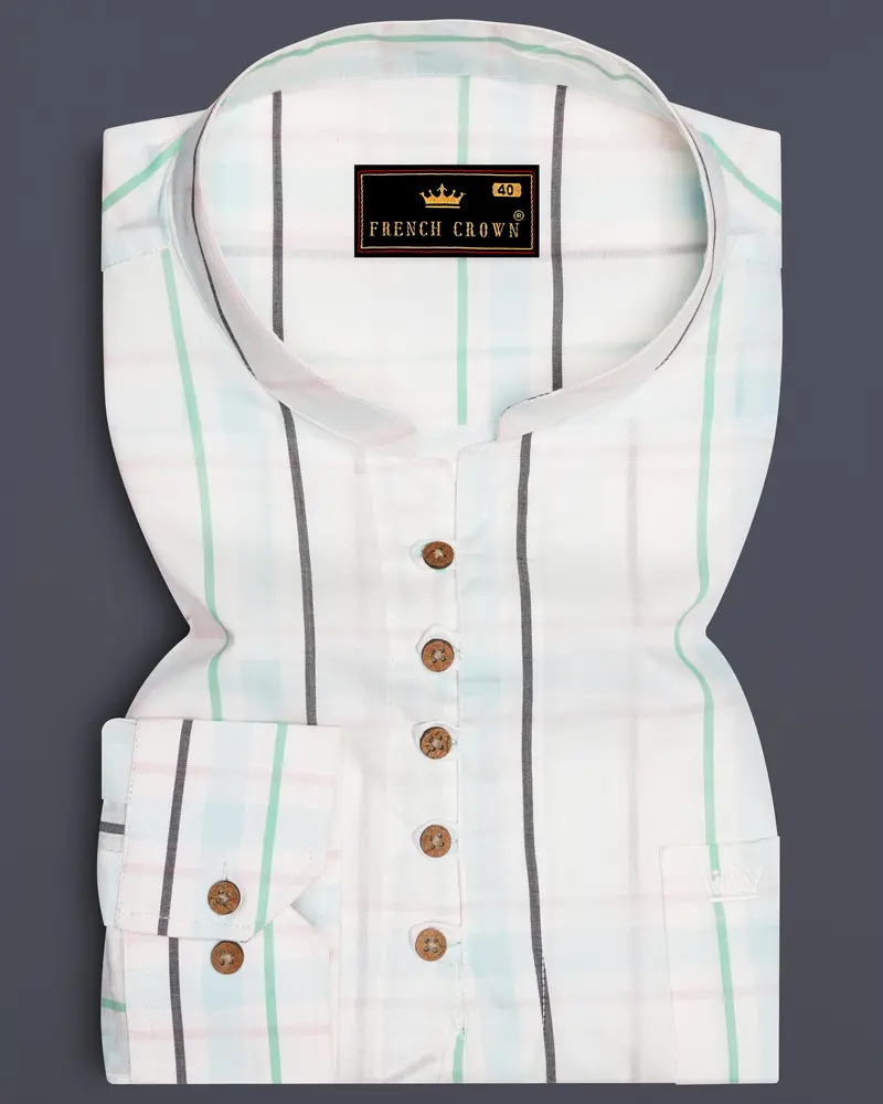 Bright White With Cruise Green Plaid And Striped Premium Cotton Kurta Shirt 1