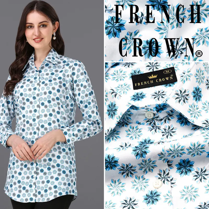Bright White With Curious Blue Printed Super Soft Premium Cotton Women’S Shirt 1