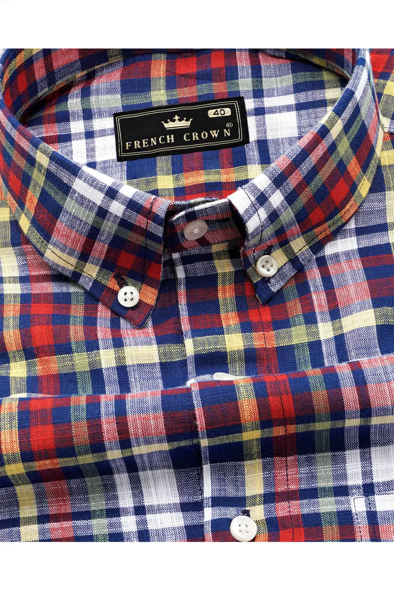 Bright White With Deep Cove Blue And Cornell Red Checkered Luxurious Linen Shirt 1