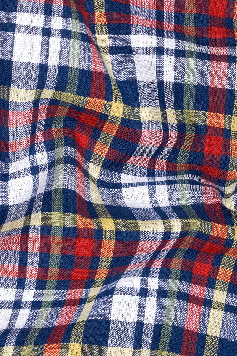 Bright White With Deep Cove Blue And Cornell Red Checkered Luxurious Linen Shirt 2