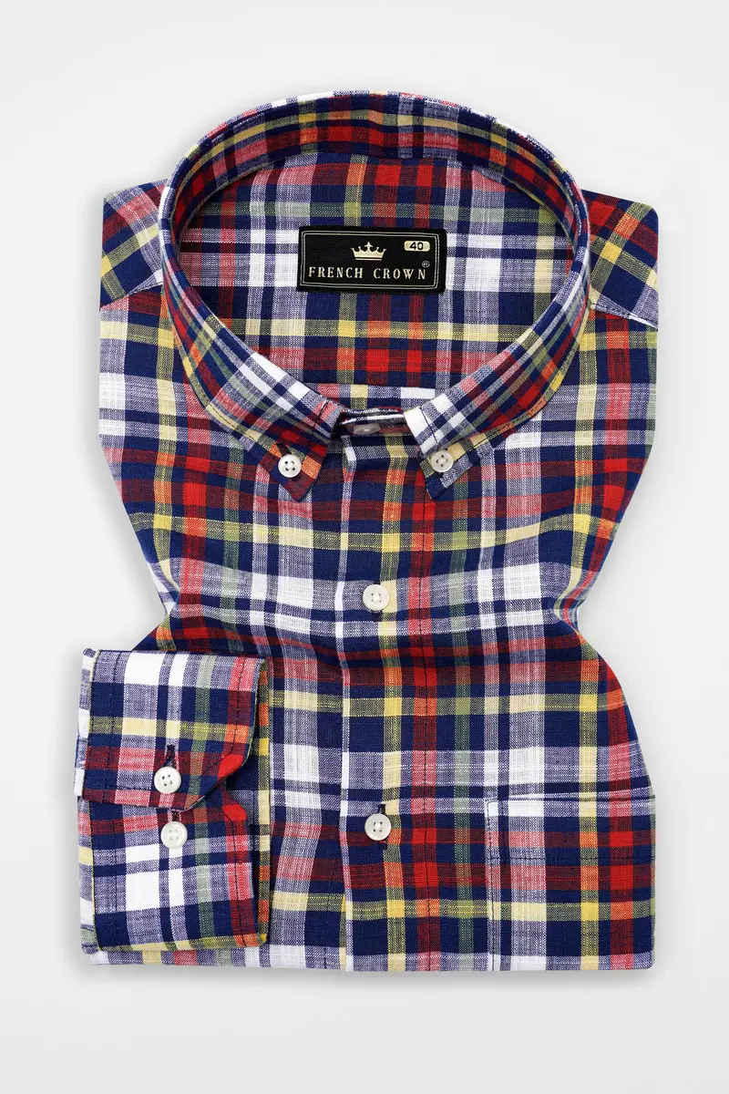Bright White With Deep Cove Blue And Cornell Red Checkered Luxurious Linen Shirt 3
