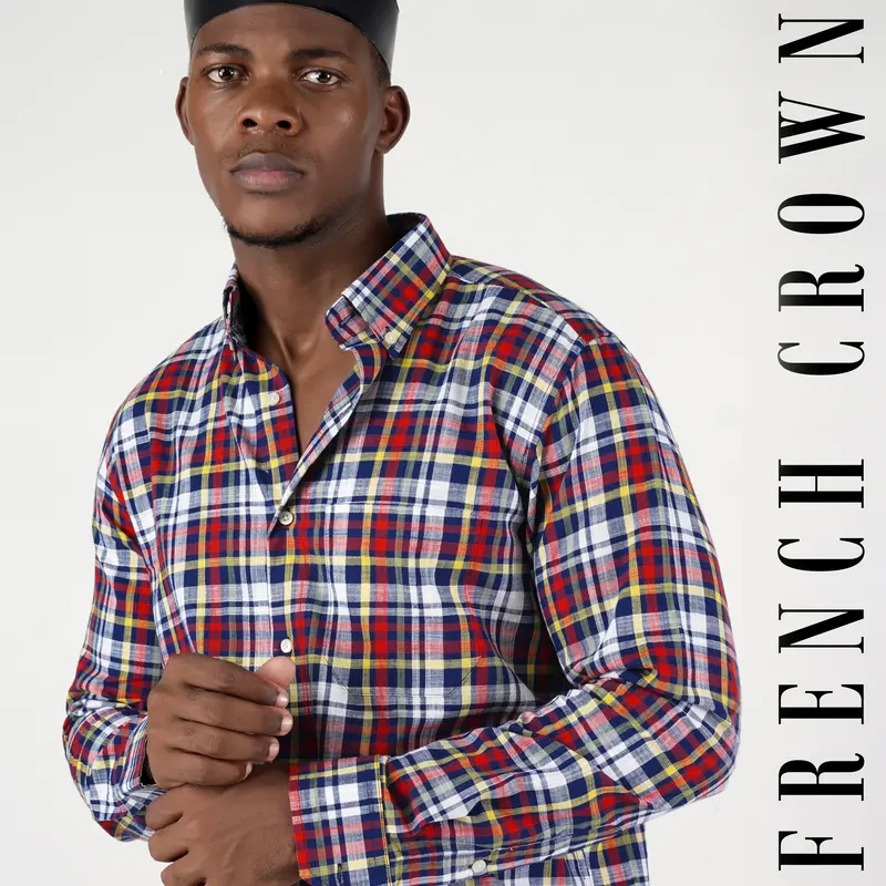 Bright White With Deep Cove Blue And Cornell Red Checkered Luxurious Linen Shirt 4