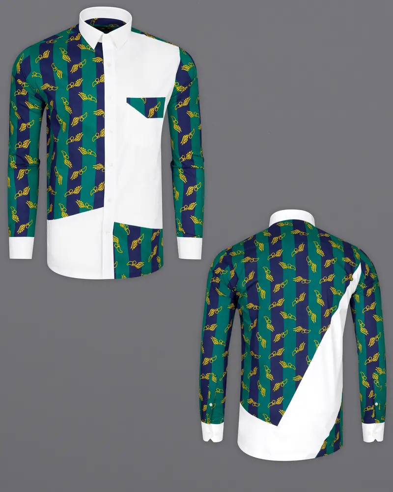 Bright White With Deep Teal Green And Cloud Burst Blue Printed Premium Cotton Designer Shirt 1