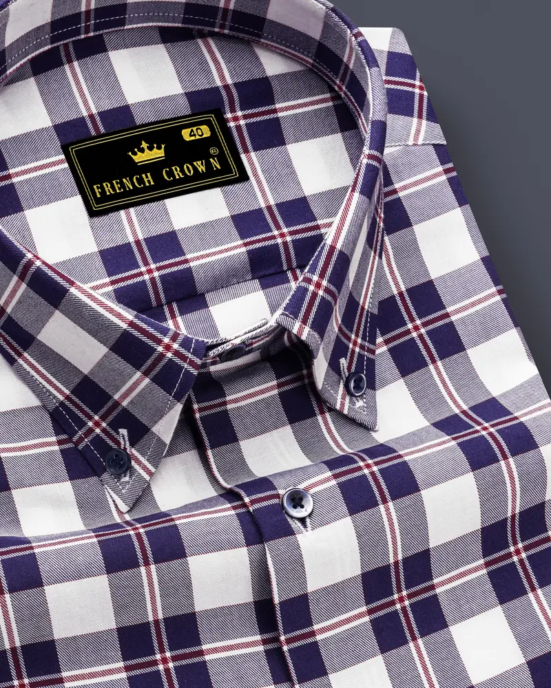 Bright White With Downriver Blue And Monza Red Checkered Twill Premium Cotton Shirt 1