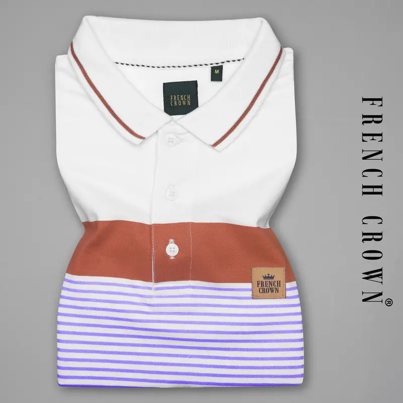 Bright White With Dull Lavender Striped Organic Cotton Mercerised Pique Polo 1