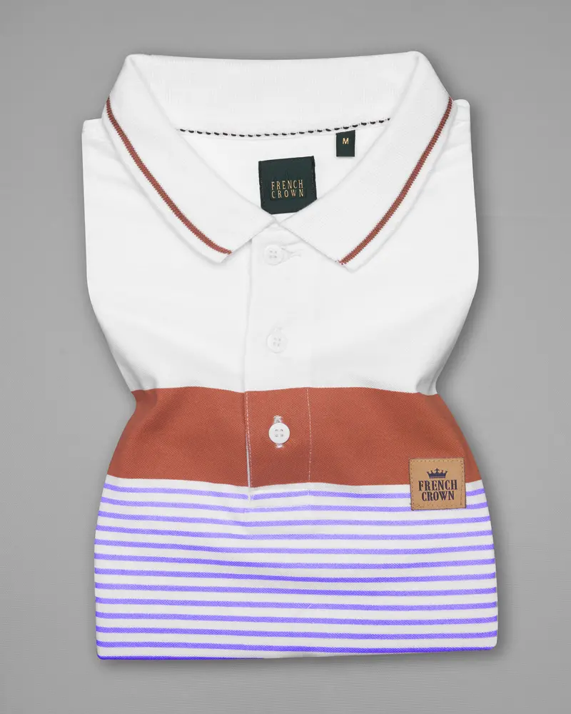 Bright White With Dull Lavender Striped Organic Cotton Mercerised Pique Polo 2