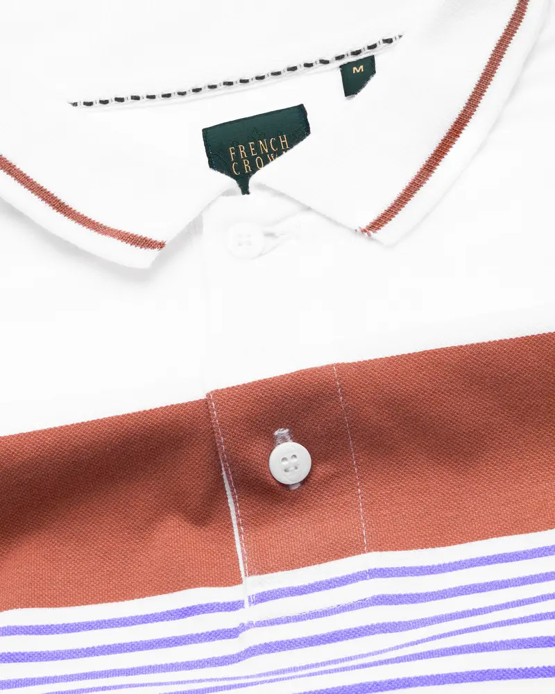 Bright White With Dull Lavender Striped Organic Cotton Mercerised Pique Polo 4