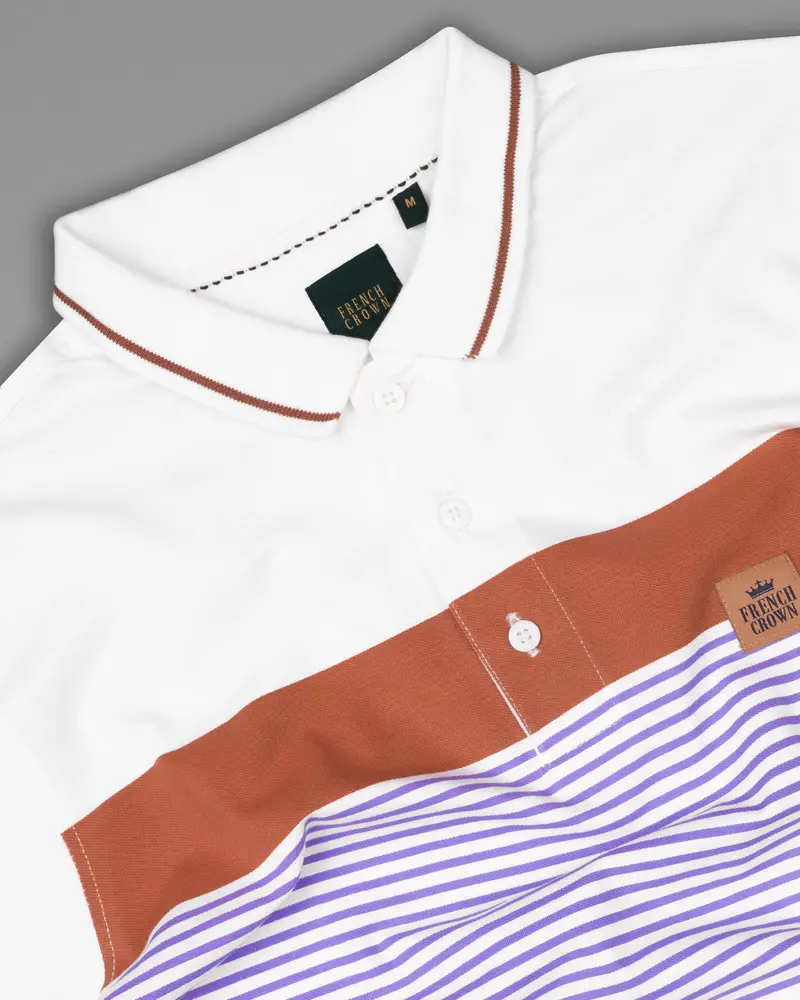 Bright White With Dull Lavender Striped Organic Cotton Mercerised Pique Polo 5