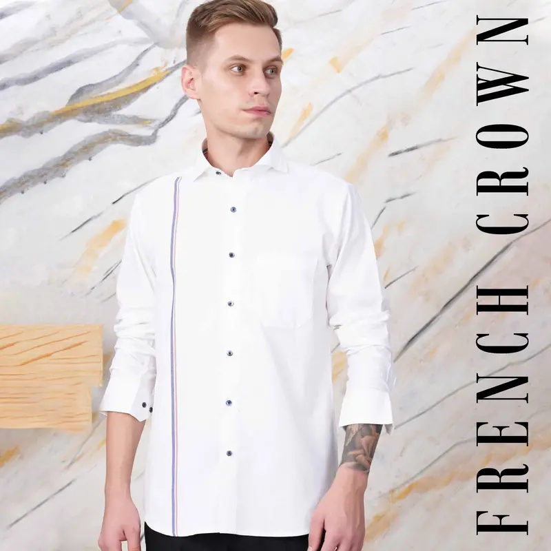 Bright White With Dusky Blue And Thulian Pink Dual Striped Royal Oxford Shirt 1
