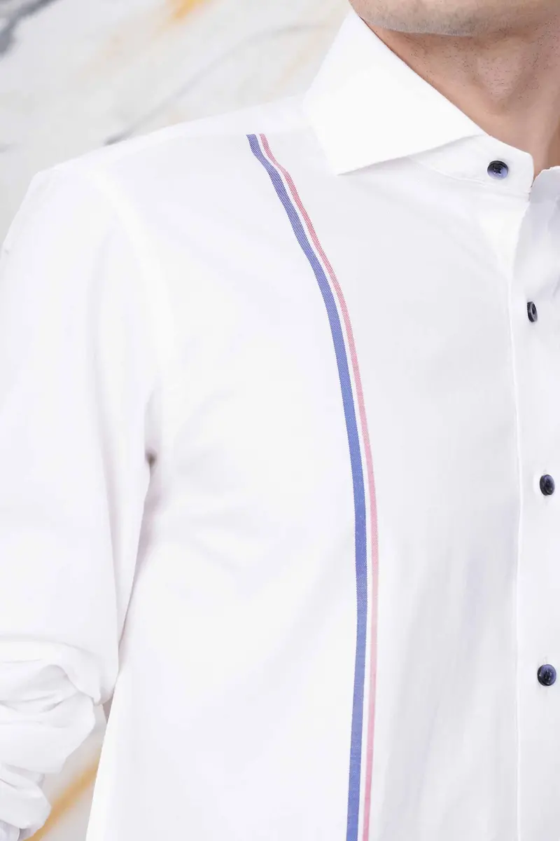 Bright White With Dusky Blue And Thulian Pink Dual Striped Royal Oxford Shirt 5