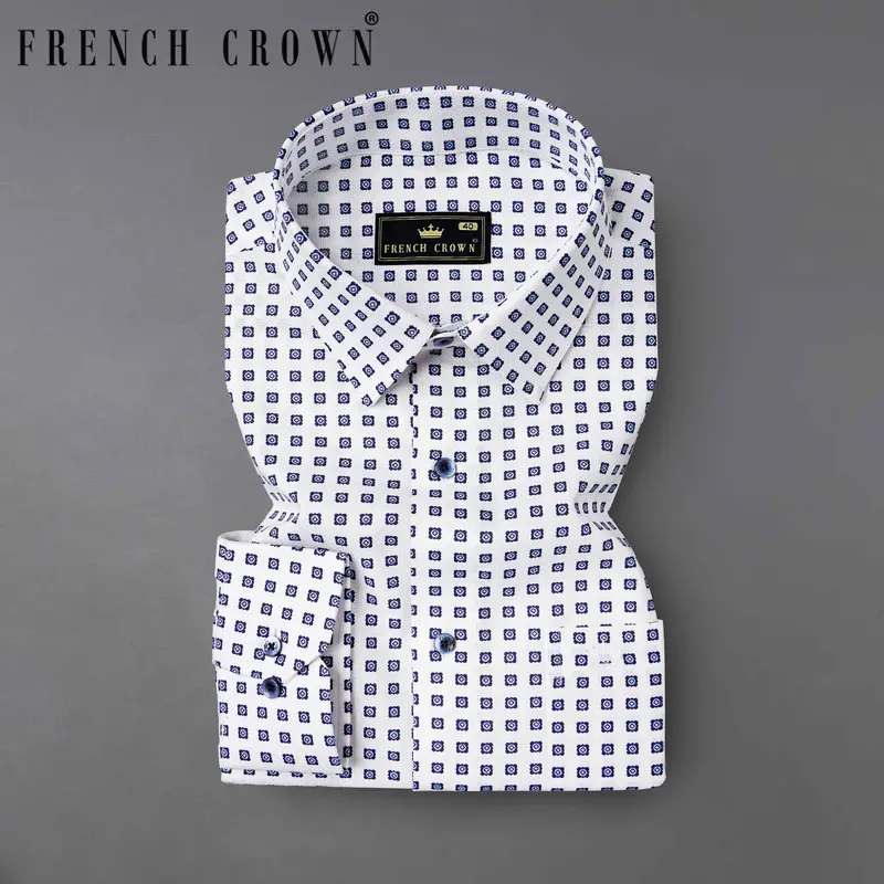 Bright White With Ebony Clay Blue Box Dobby Textured Premium Giza Cotton Shirt 1