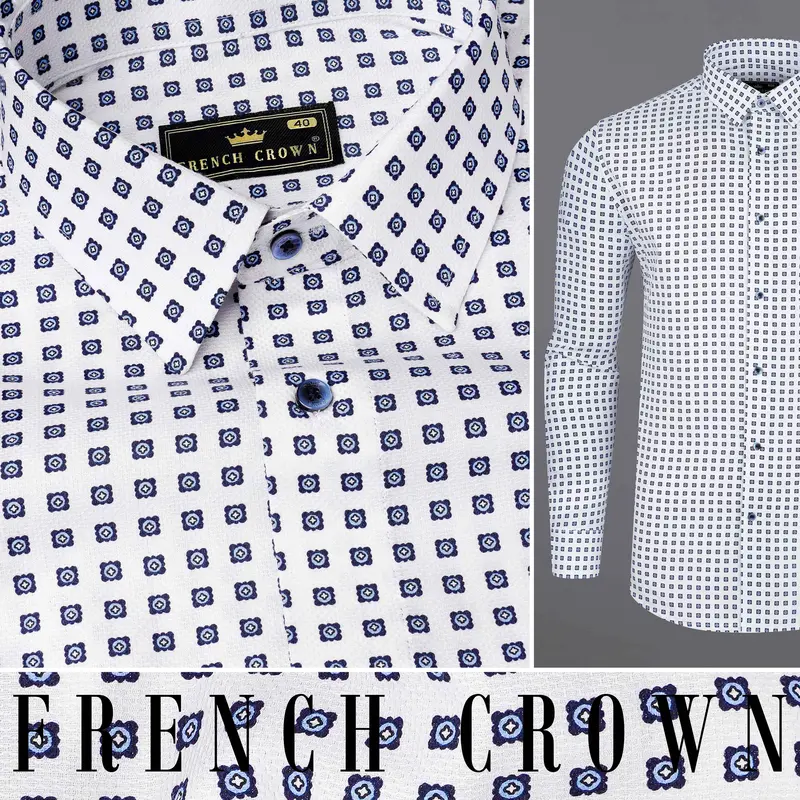 Bright White With Ebony Clay Blue Box Dobby Textured Premium Giza Cotton Shirt 10