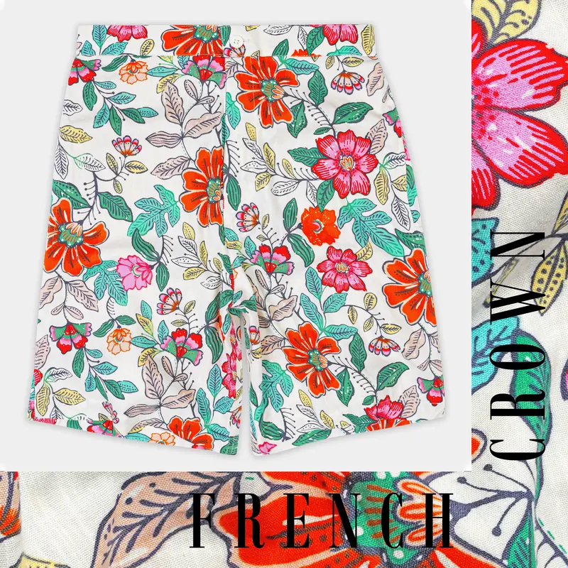 Bright White With Fern Green Multicolor Floral Printed Premium Tencel Shorts 1
