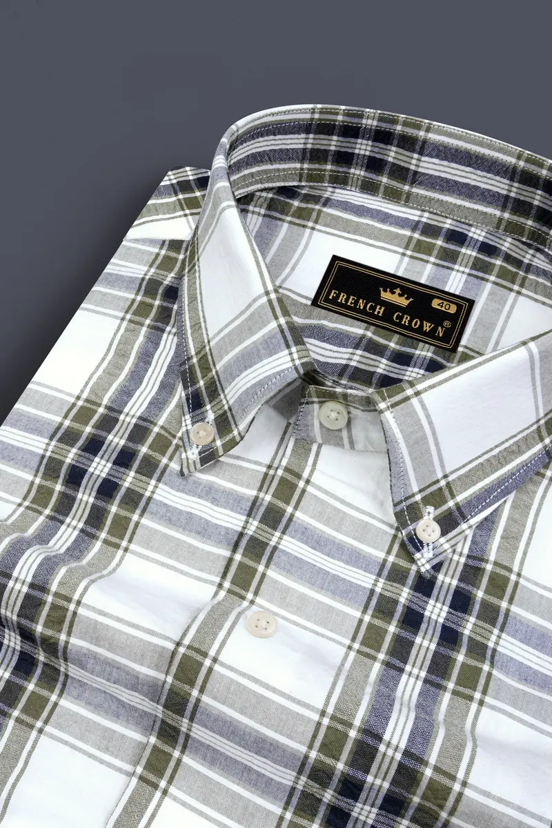 Bright White With Finch Green Plaid Seersucker Giza Cotton Designer Shirt 1