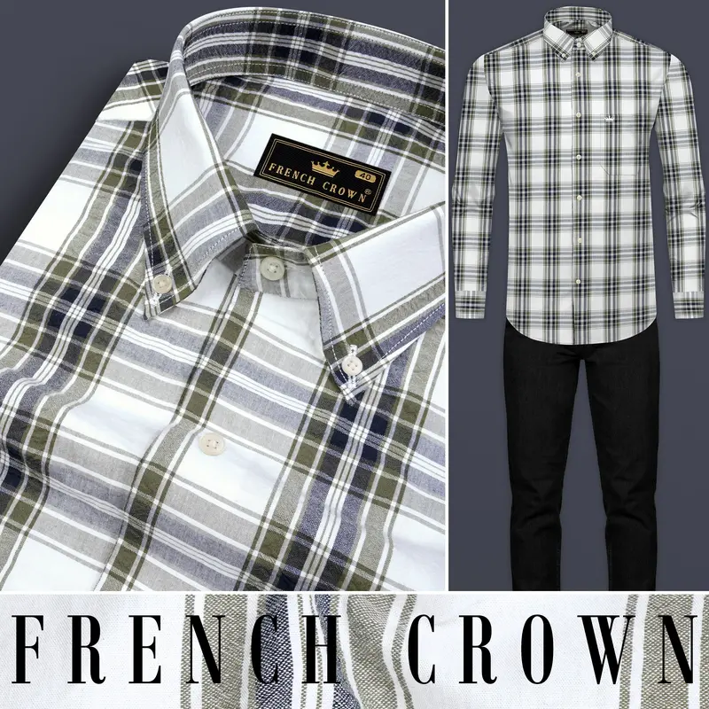 Bright White With Finch Green Plaid Seersucker Giza Cotton Designer Shirt 10