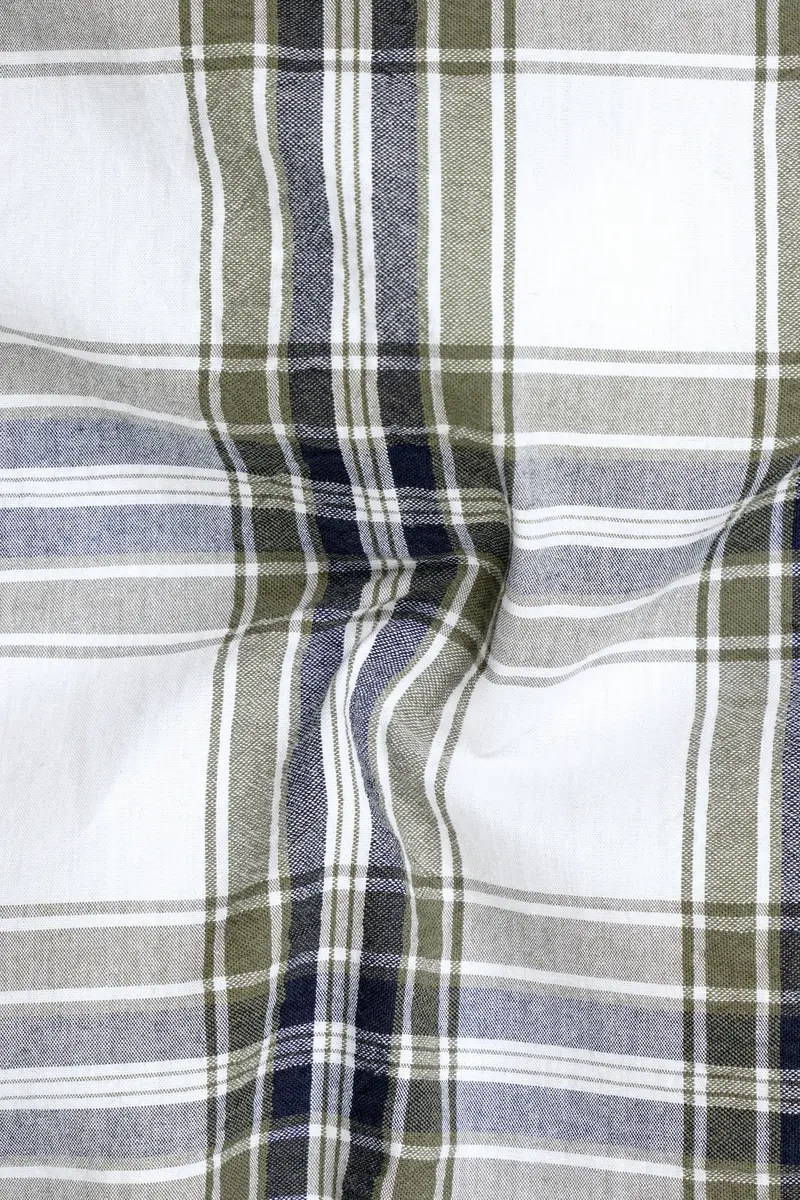 Bright White With Finch Green Plaid Seersucker Giza Cotton Designer Shirt 2