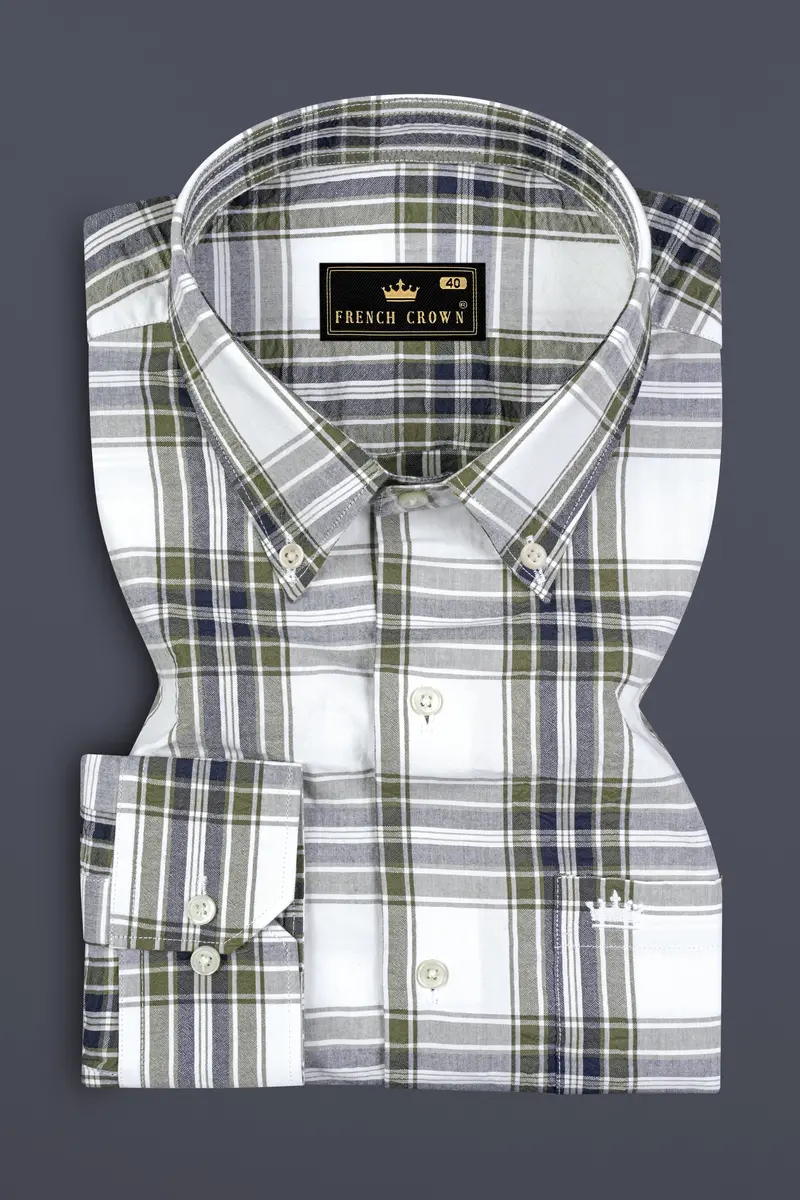 Bright White With Finch Green Plaid Seersucker Giza Cotton Designer Shirt 3