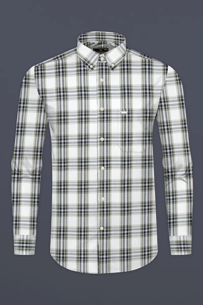 Bright White With Finch Green Plaid Seersucker Giza Cotton Designer Shirt 4