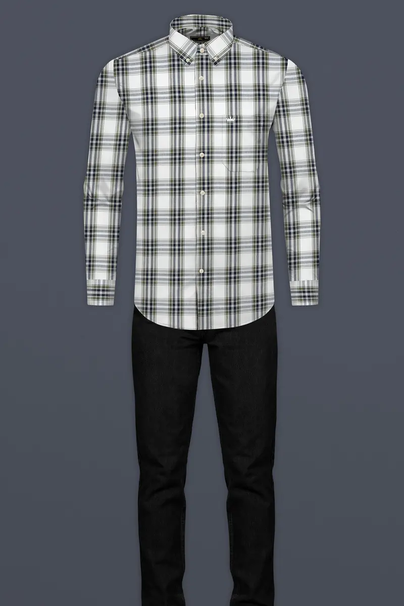 Bright White With Finch Green Plaid Seersucker Giza Cotton Designer Shirt 6