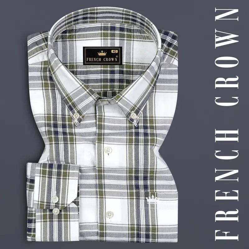 Bright White With Finch Green Plaid Seersucker Giza Cotton Designer Shirt 7