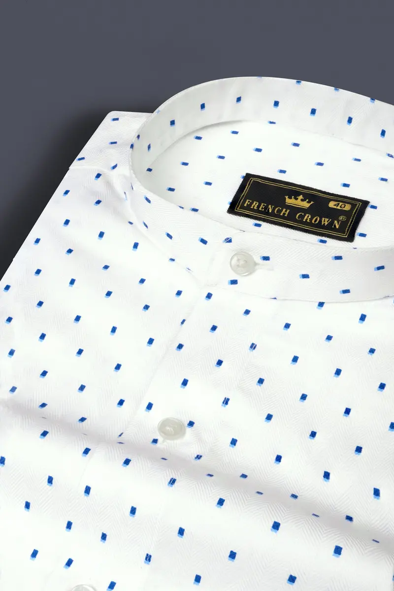Bright White With French Blue Printed Herringbone Shirt 1