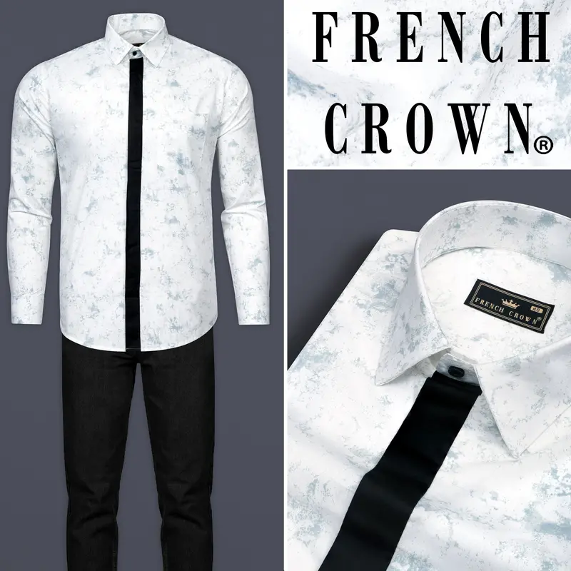 Bright White With French Gray Marble Printed With Black Button Patti Placket Super Soft Premium Designer Shirt 12