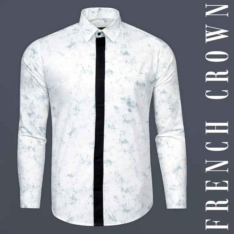 Bright White With French Gray Marble Printed With Black Button Patti Placket Super Soft Premium Designer Shirt 13