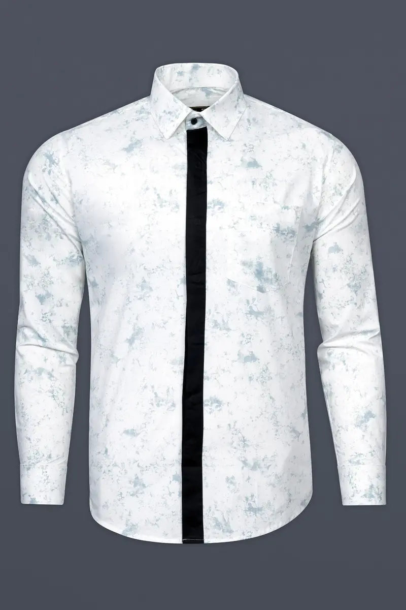 Bright White With French Gray Marble Printed With Black Button Patti Placket Super Soft Premium Designer Shirt 6