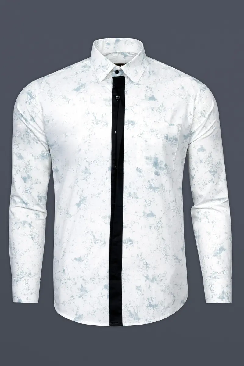 Bright White With French Gray Marble Printed With Black Button Patti Placket Super Soft Premium Designer Shirt 7