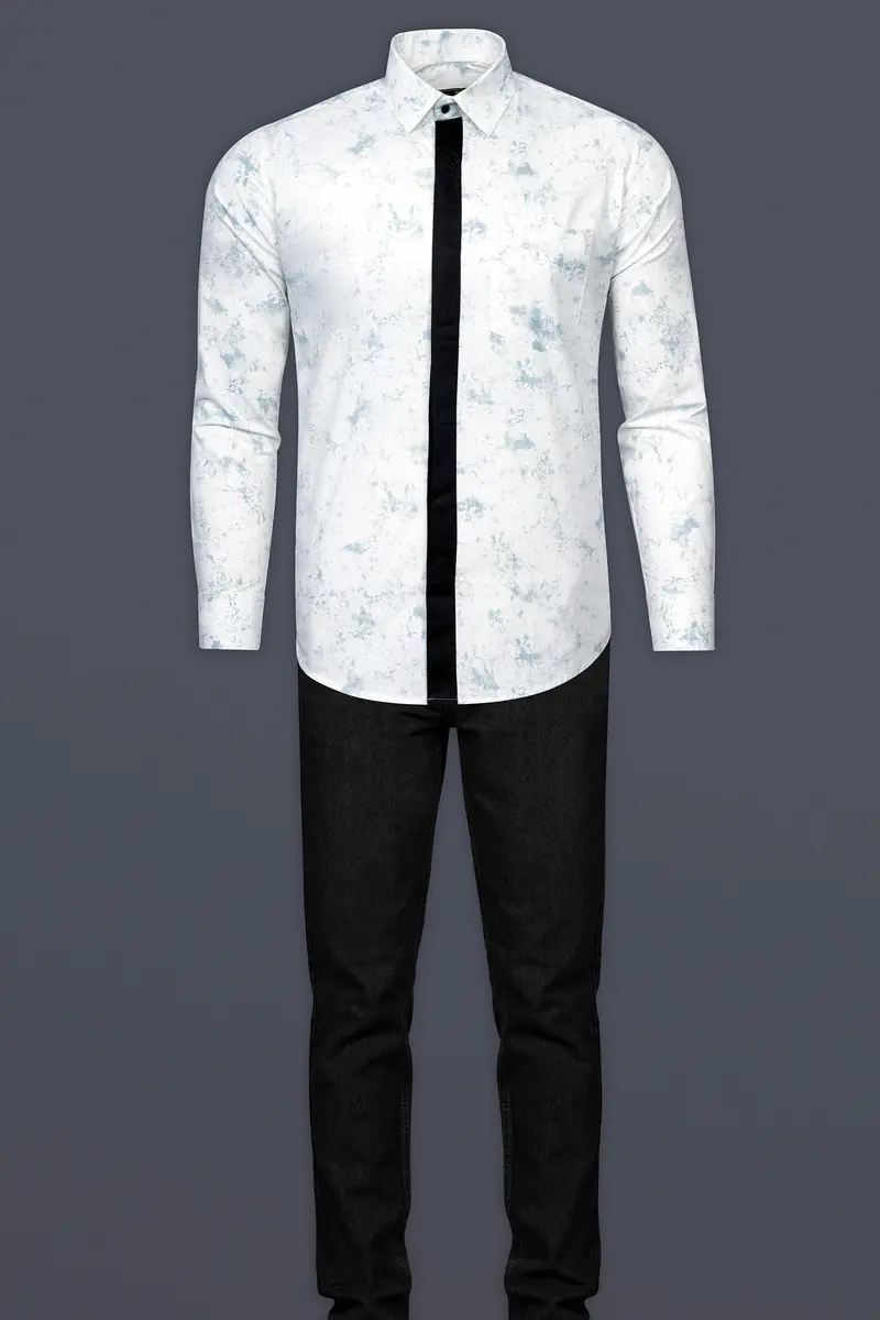 Bright White With French Gray Marble Printed With Black Button Patti Placket Super Soft Premium Designer Shirt 9