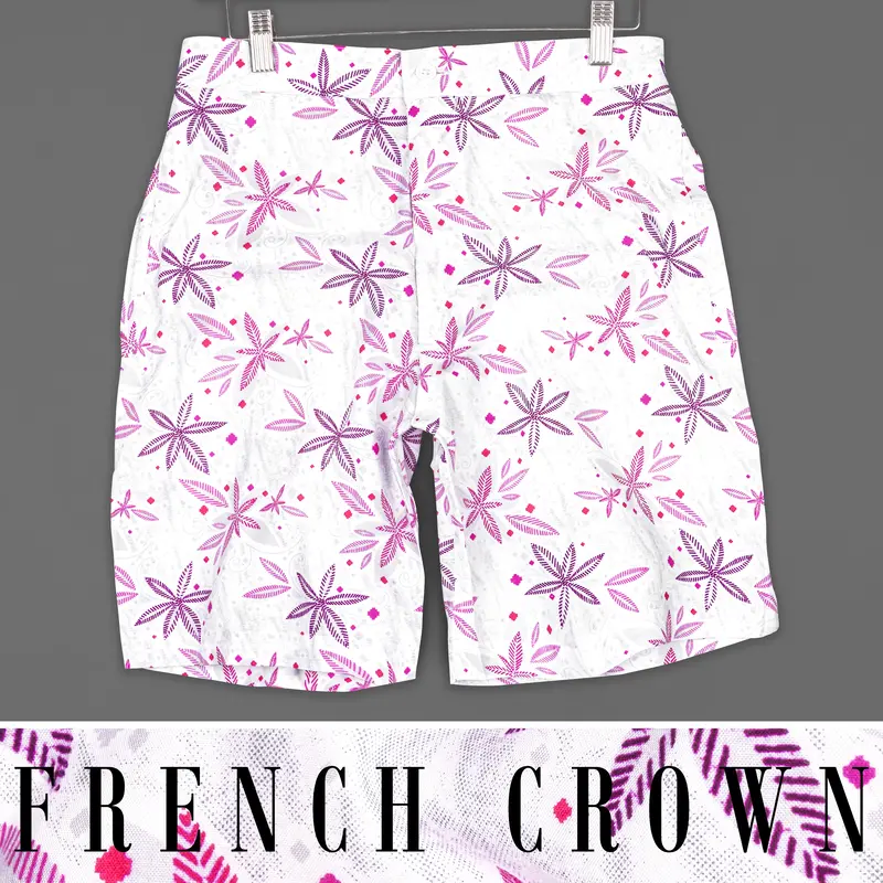 Bright White With Fuchsia Pink Printed Premium Cotton Shorts 1