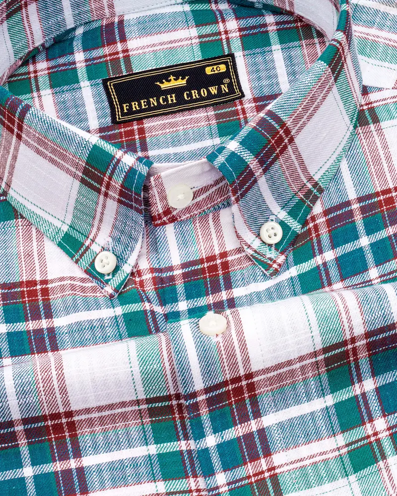 Bright White With Genoa Green Twill Plaid Premium Cotton Shirt 1