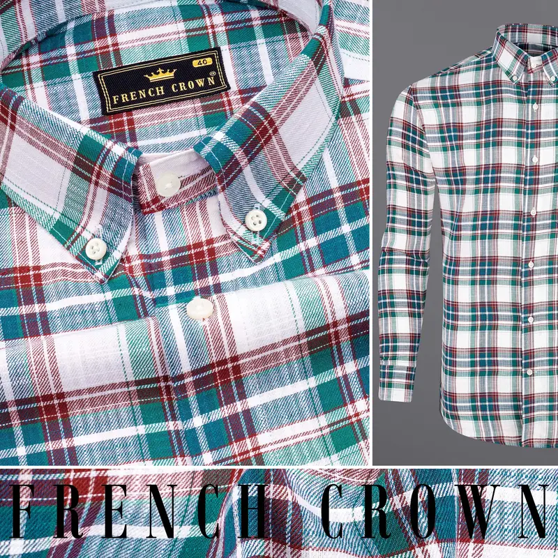 Bright White With Genoa Green Twill Plaid Premium Cotton Shirt 10