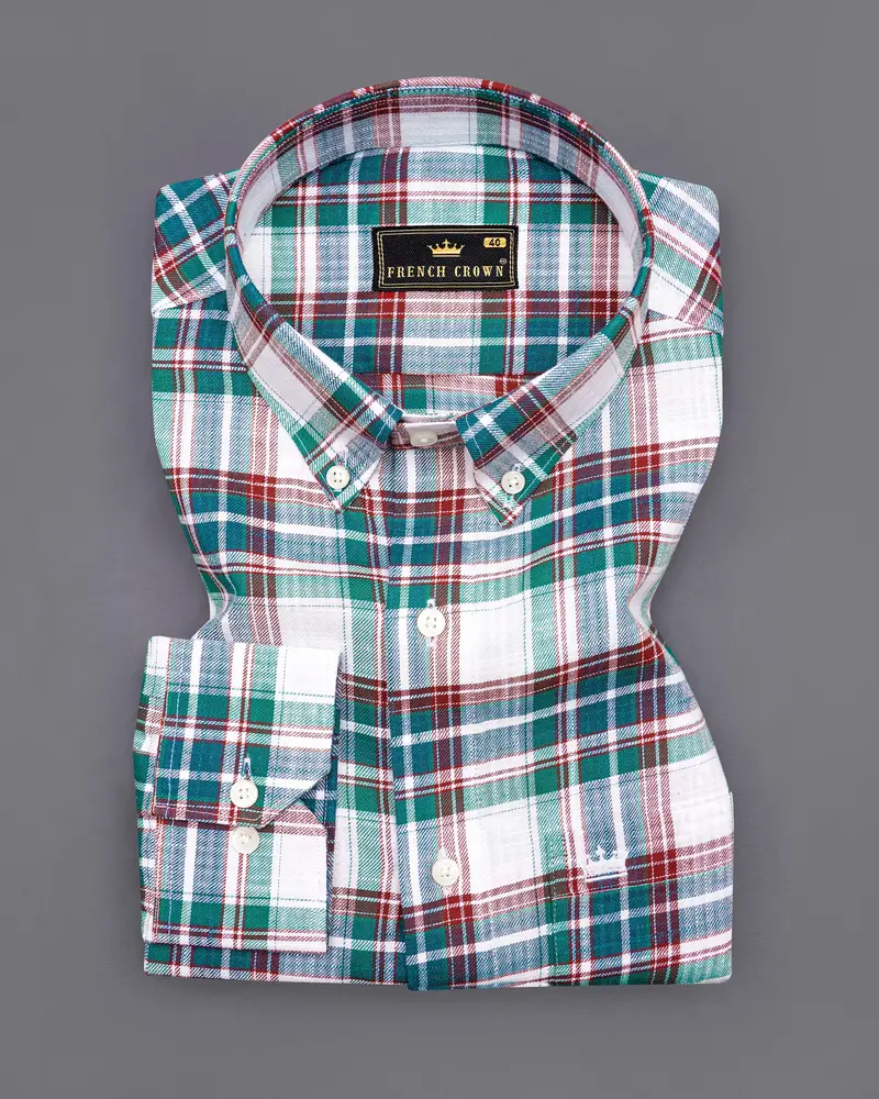 Bright White With Genoa Green Twill Plaid Premium Cotton Shirt 3