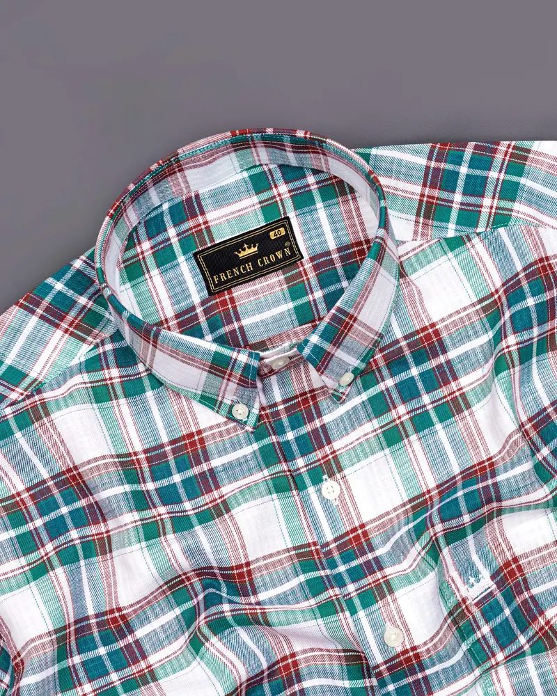 Bright White With Genoa Green Twill Plaid Premium Cotton Shirt 4