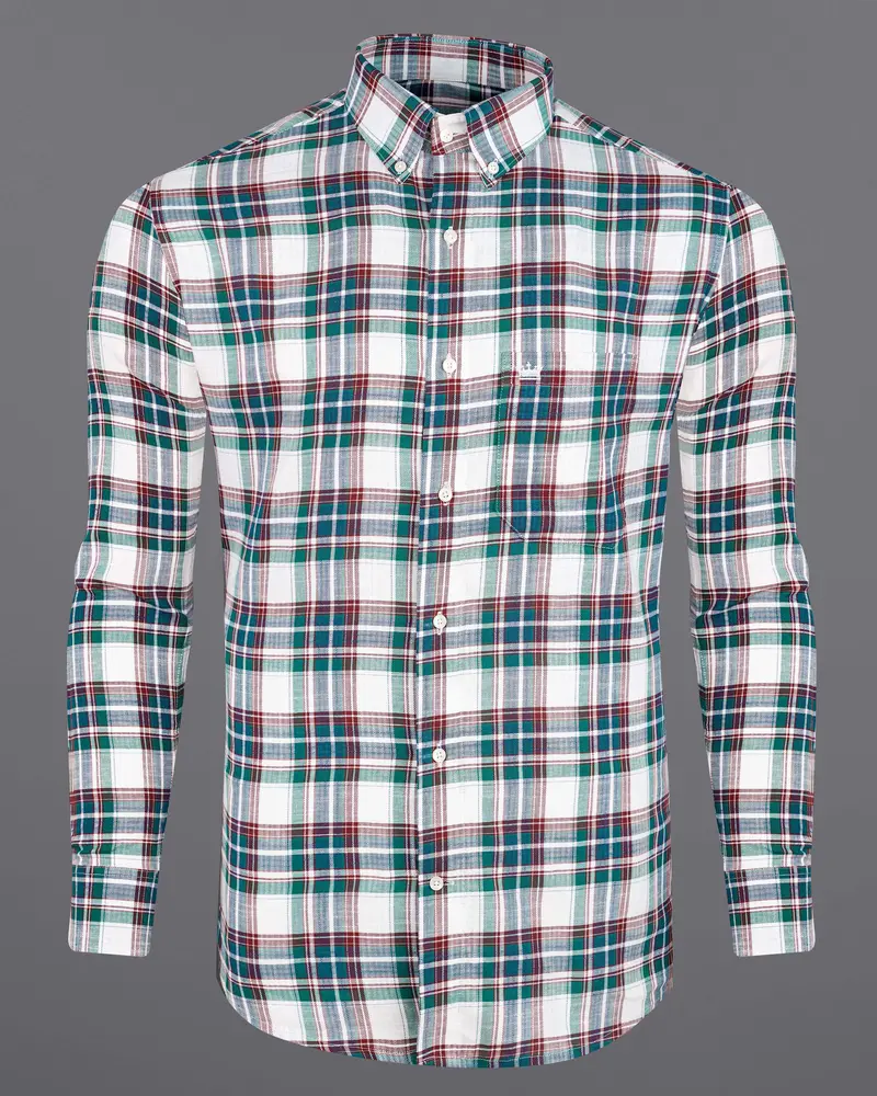 Bright White With Genoa Green Twill Plaid Premium Cotton Shirt 5