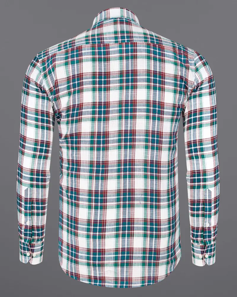 Bright White With Genoa Green Twill Plaid Premium Cotton Shirt 6