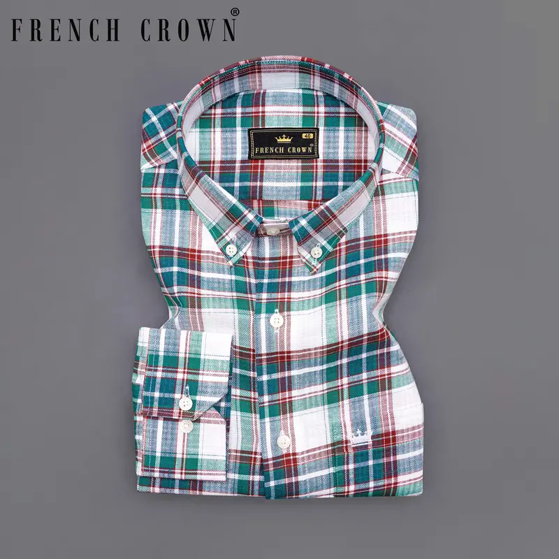 Bright White With Genoa Green Twill Plaid Premium Cotton Shirt 7