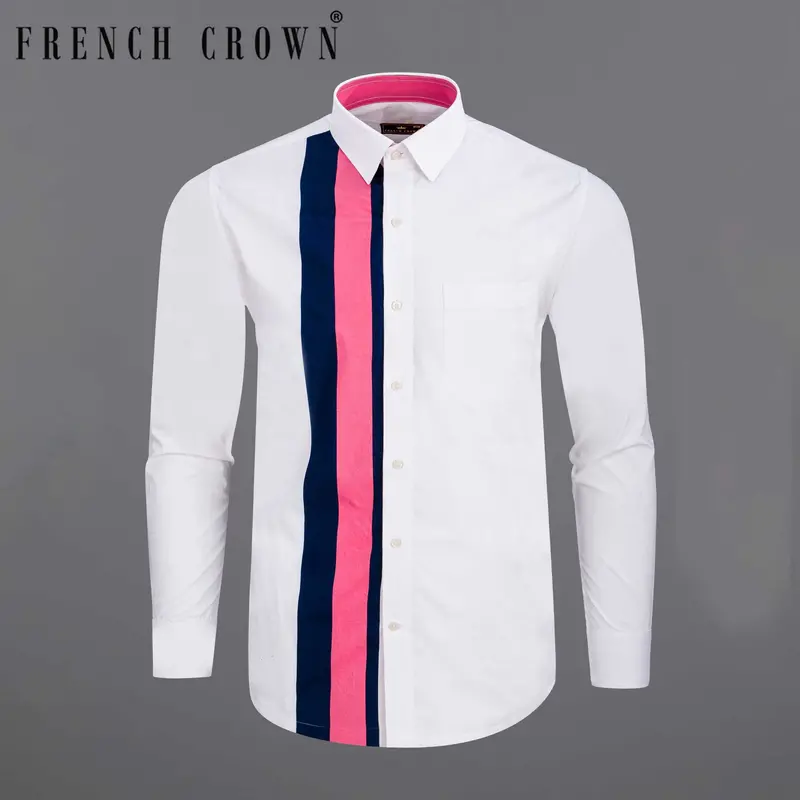 Bright White With Geraldine Pink And Sapphire Blue Premium Cotton Shirt 1