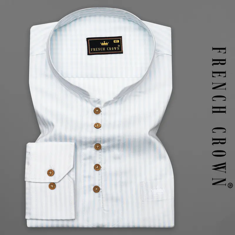 Bright White With Geyser Blue Twill Striped Premium Cotton Kurta Shirt 1