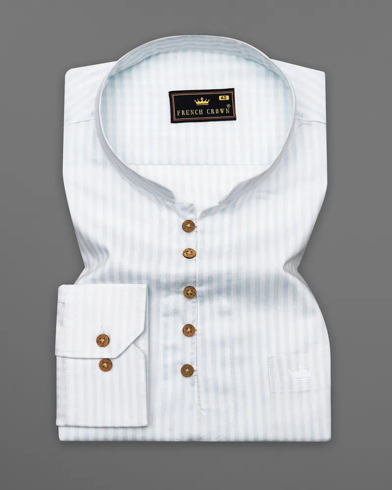 Bright White With Geyser Blue Twill Striped Premium Cotton Kurta Shirt 2