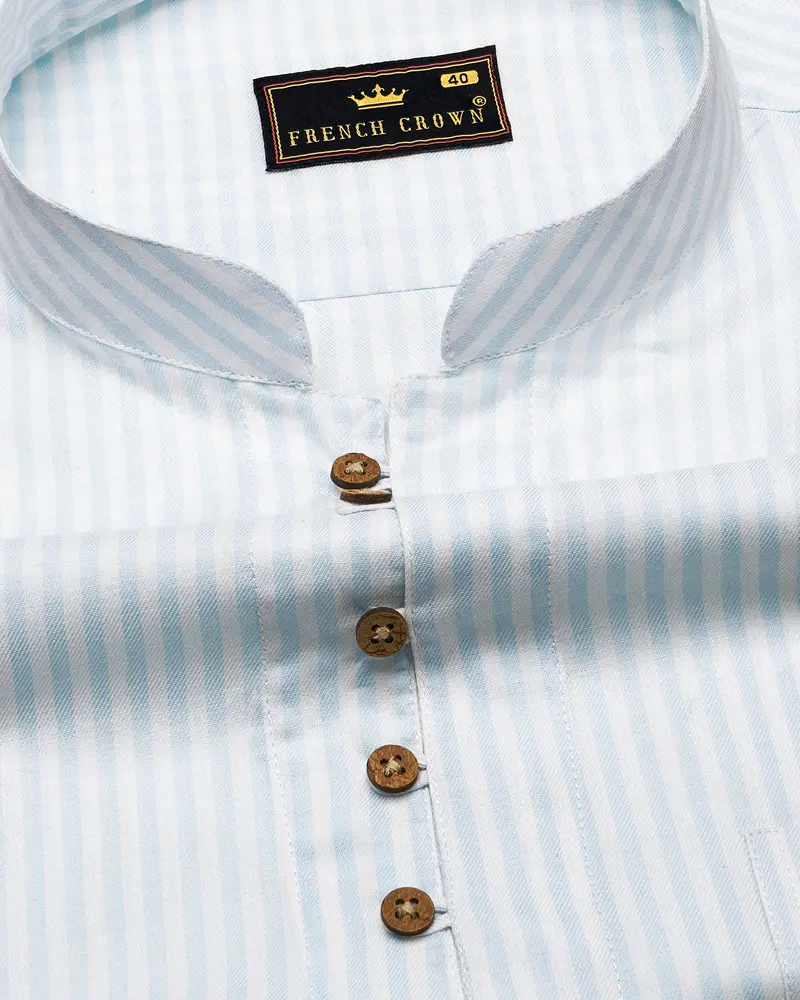 Bright White With Geyser Blue Twill Striped Premium Cotton Kurta Shirt 4