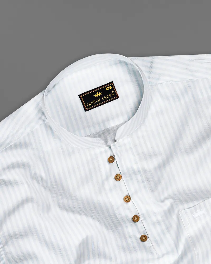 Bright White With Geyser Blue Twill Striped Premium Cotton Kurta Shirt 5