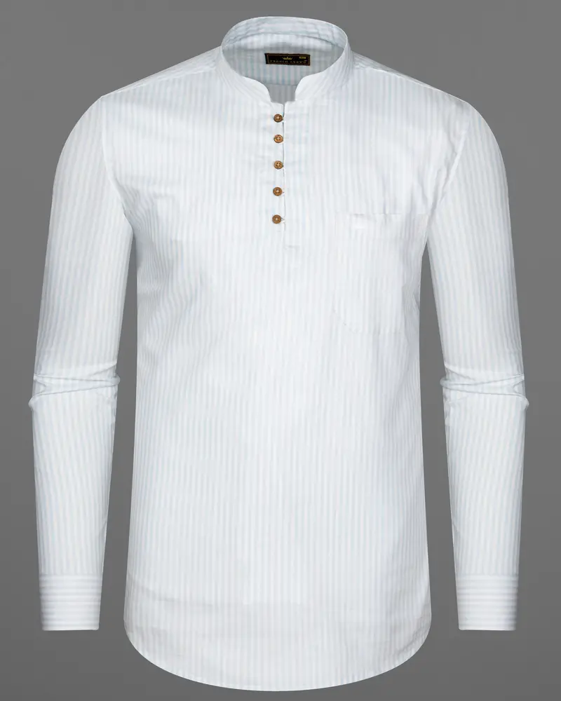 Bright White With Geyser Blue Twill Striped Premium Cotton Kurta Shirt 6